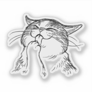 Pegatina Gato Adorable Lamiendo Su Pata   Gatito Kawaii Ado