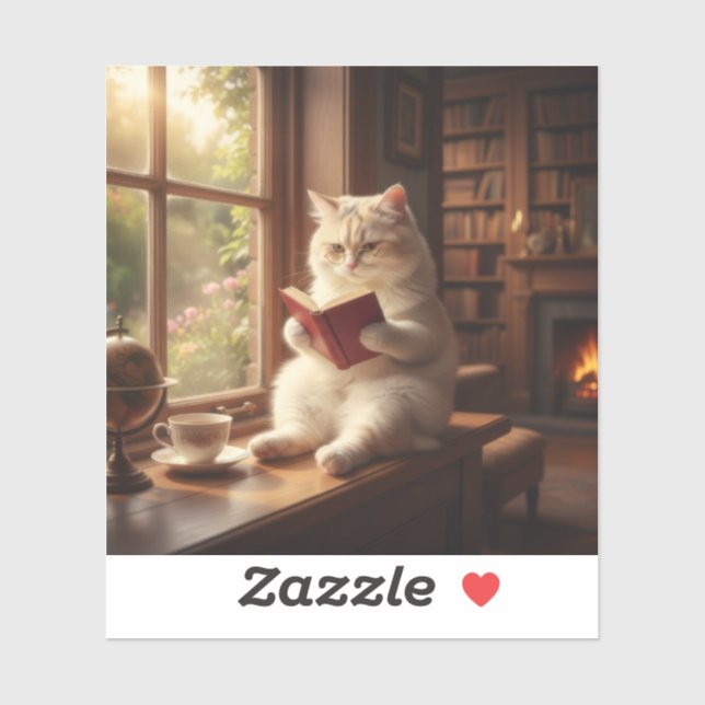Pegatina Gato Adorable Leyendo (Hoja)