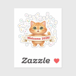 Pegatina Gato alegre con pancarta de Año Nuevo Bienvenido 2