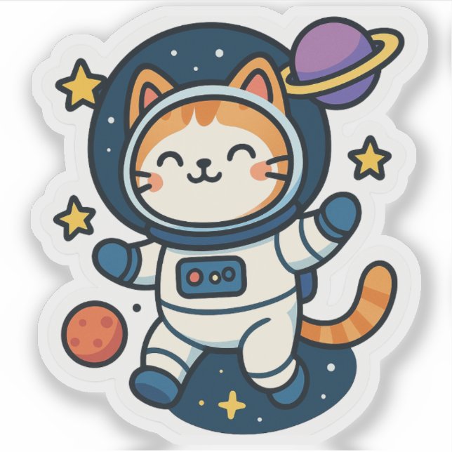 Pegatina Gato astronauta kawaii flota en el espacio (Anverso)