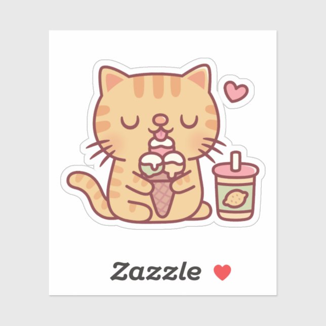 Pegatina Gato atigrado adorable ama comer helado (Hoja)