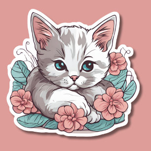 Pegatina Gato blanco en flores rosadas impermeable