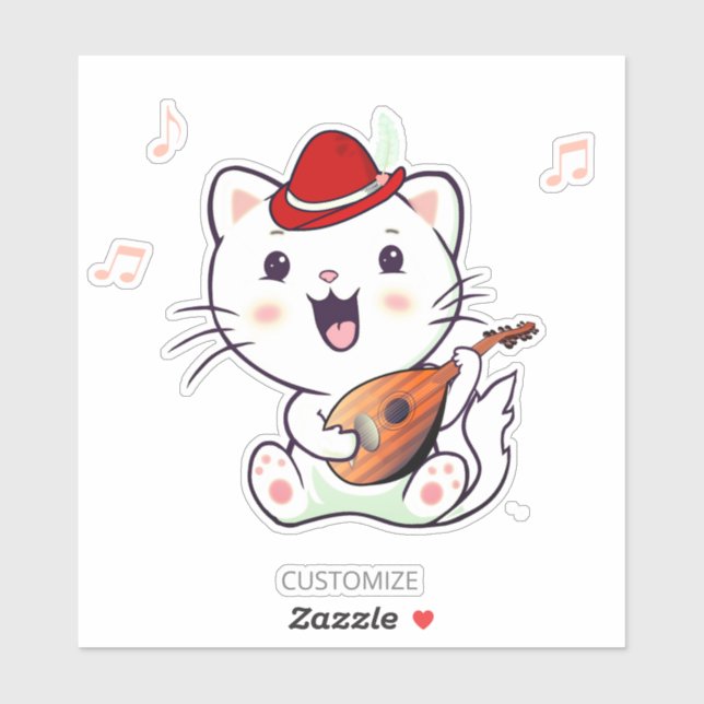 Pegatina Gato blanco musical lindo con mandolina (Hoja)