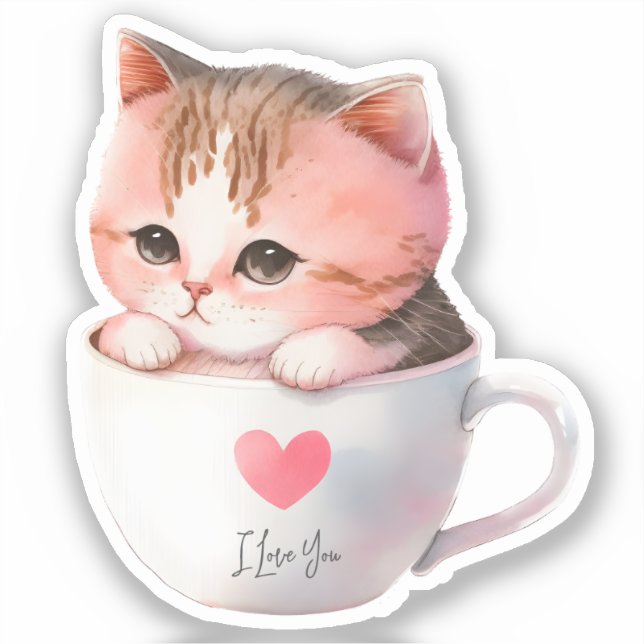 Pegatina Gato blanco-rosado en una taza de té (2) (Anverso)