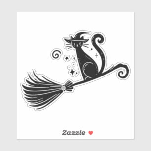 Pegatina Gato Brujo Negro en Escoba Halloween