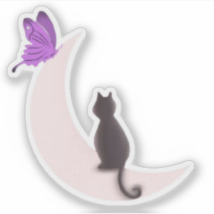 Pegatina Gato Celestial Estético y Mariposa Púrpura Luna