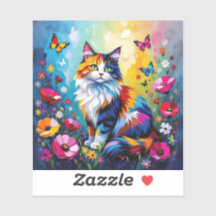 Gato Colorido con Impasto, Flores y Mariposas