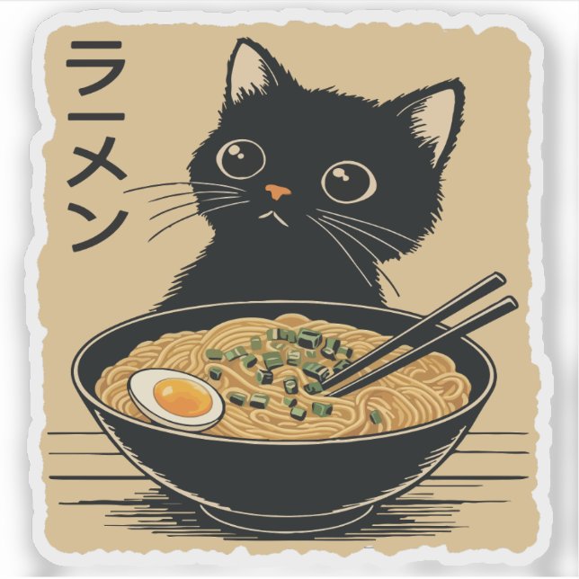 Pegatina Gato comiendo ramen  (Anverso)