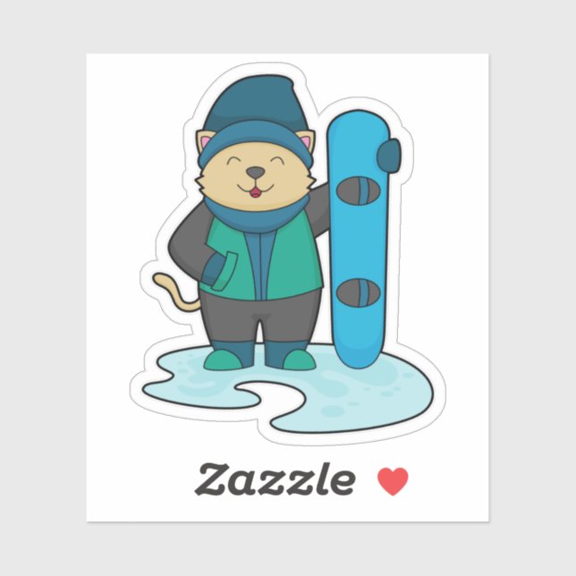 Pegatina Gato como snowboarder con Snowboard (Hoja)