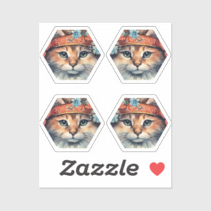 Pegatina Gato con pelaje naranja rojizo y cinta roja en la 