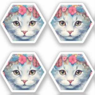 Pegatina Gato con pelo blanco y flores bonitas
