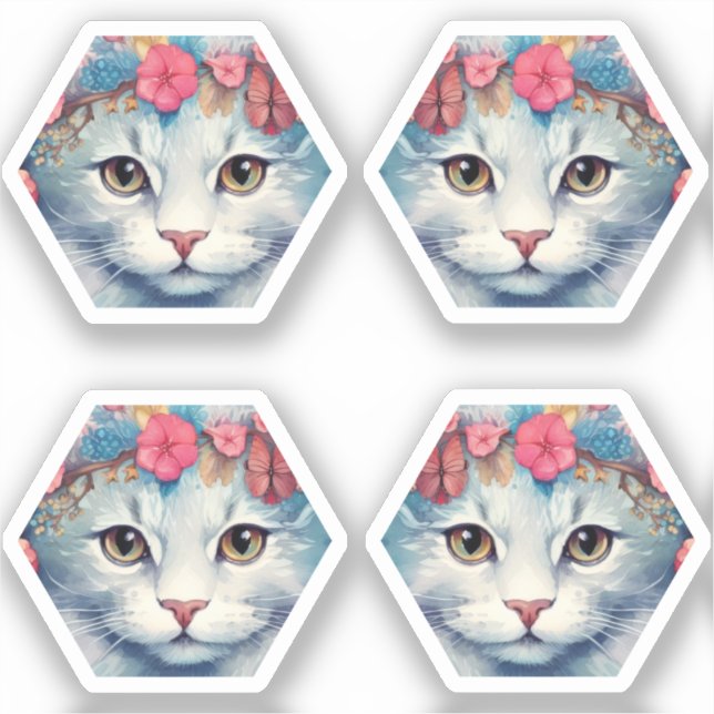 Pegatina Gato con pelo blanco y flores bonitas (Anverso)