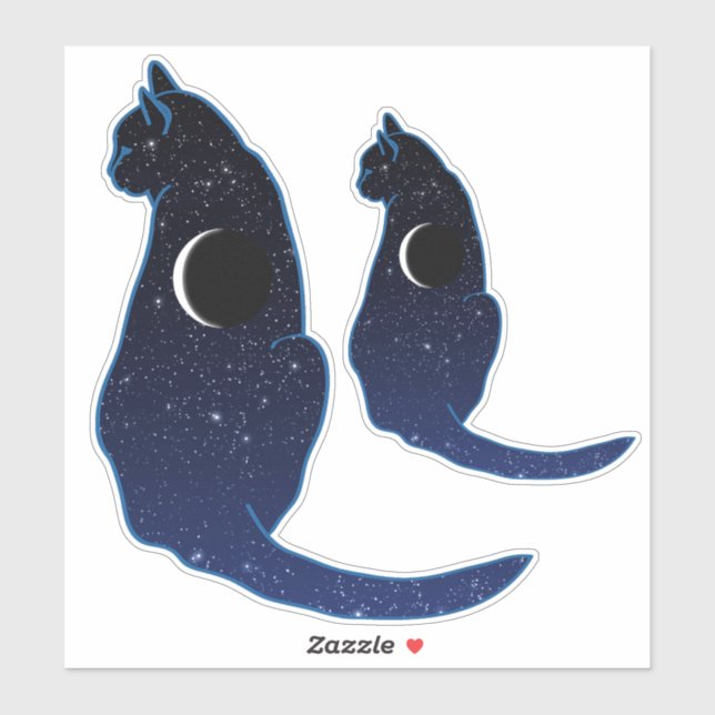 Pegatina Gato cósmico en estrellas y patrón de luna crecien (Hoja)