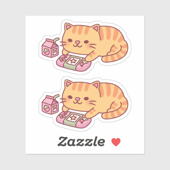 Pegatina Gato Cute Orange Tabby Chilling Con Videojuegos (Hoja)