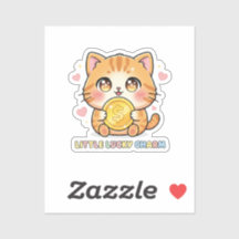 Gato de Anime Chibi Sosteniendo Moneda de Oro Pega