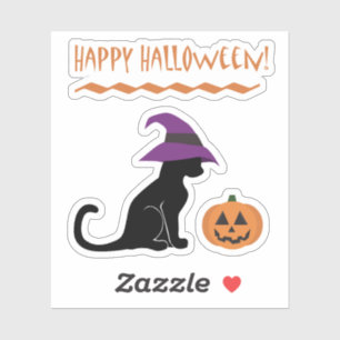 Pegatina Gato de bruja de Halloween y calabaza