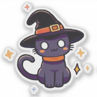 Pegatina Gato de bruja morado - Kawaii Halloween Kitten