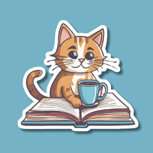 Pegatina Gato de gusano de biblioteca con café impermeable
