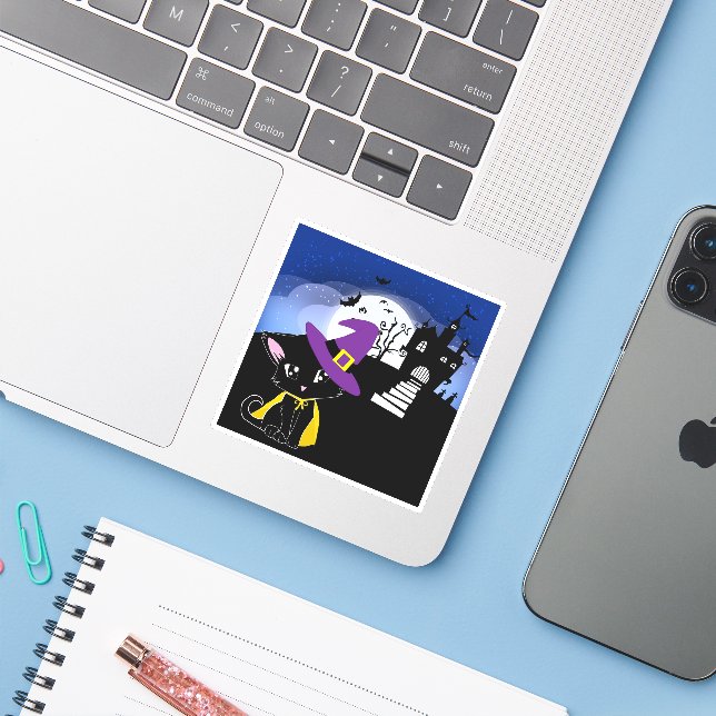 Pegatina Gato de Halloween (Ordenado portátil con iPhone)