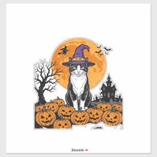 Pegatina Gato de Halloween Bruja Calabaza Vintage Espeluzna