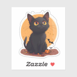 Pegatina Gato de Halloween frente a la luna con Jack-o-Lant