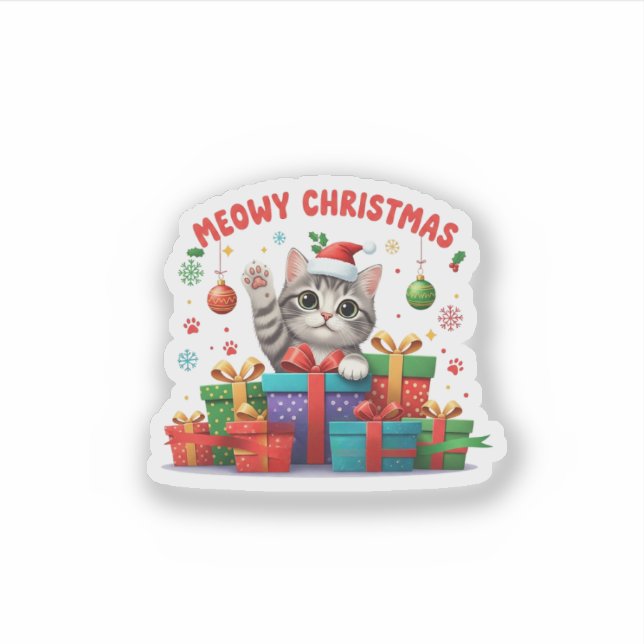 Pegatina Gato de Navidad Meow Adorable (Anverso)
