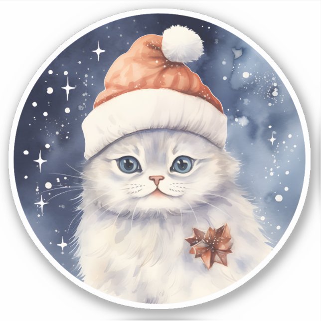 Pegatina Gato de Navidades blancos en Santa Hat (Anverso)
