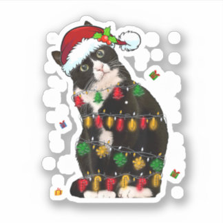 Pegatina Gato de Tuxedo con luces de Navidades divertidas d