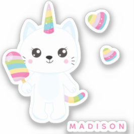 Pegatina Gato de unicornio con corazón de arcoiris