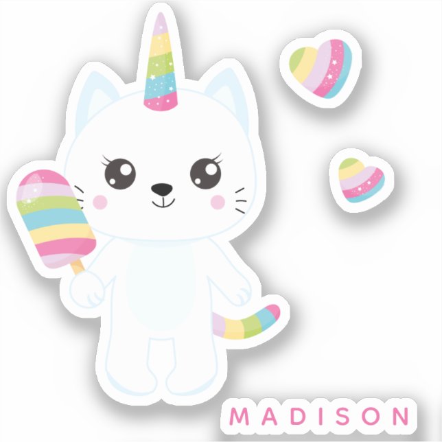 Pegatina Gato de unicornio con corazón de arcoiris (Anverso)