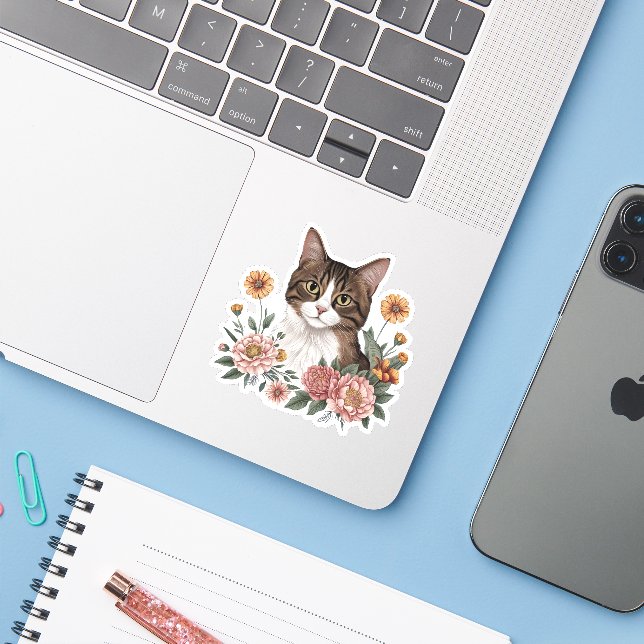 Pegatina Gato dulce de tabby con flores (Ordenado portátil con iPhone)