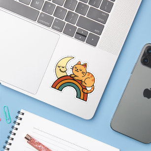 Pegatina Gato durmiente sobre el arcoiris con la luna