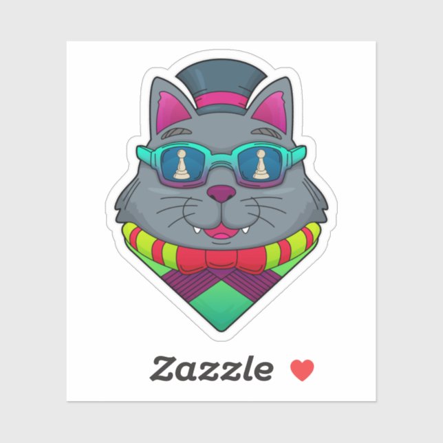 Pegatina Gato en ajedrez con peón de ajedrez (Hoja)