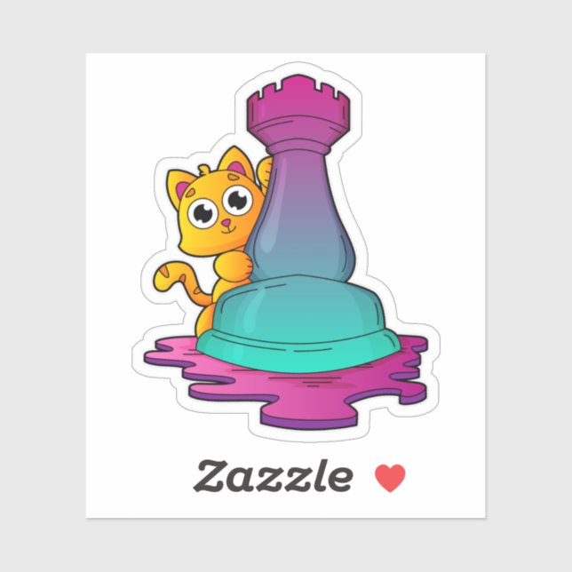 Pegatina Gato en ajedrez con pieza de ajedrez Rook (Hoja)