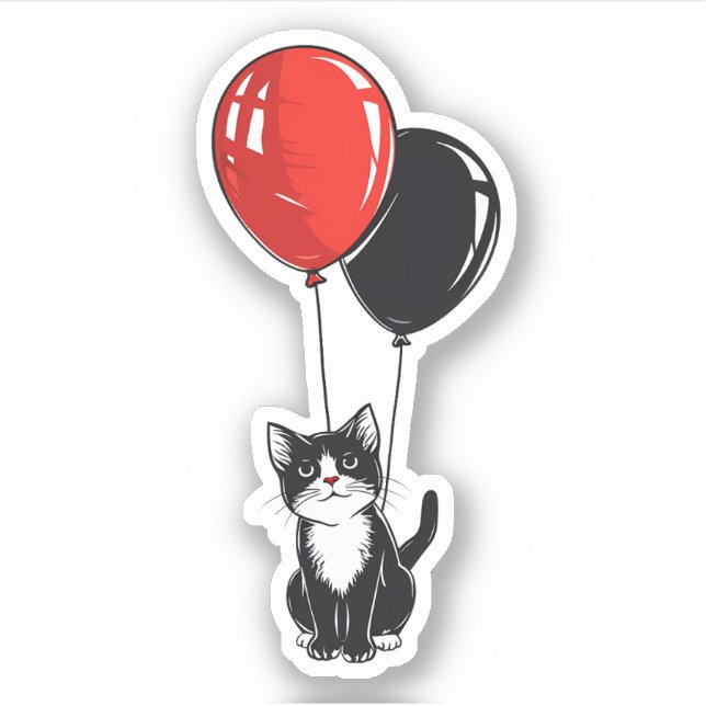 Pegatina Gato esmoquin con globos rojos y negros (Anverso)