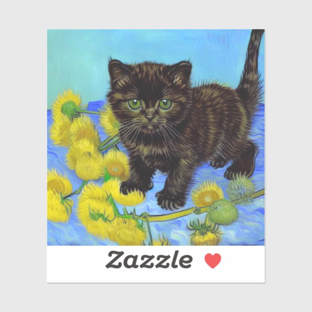 Pegatina Gato estilo Van Gogh con girasoles (Hoja)