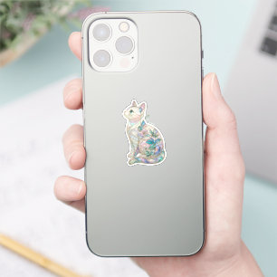 Pegatina Gato Floral de Vidrio Emplomado Blanco Nacarado