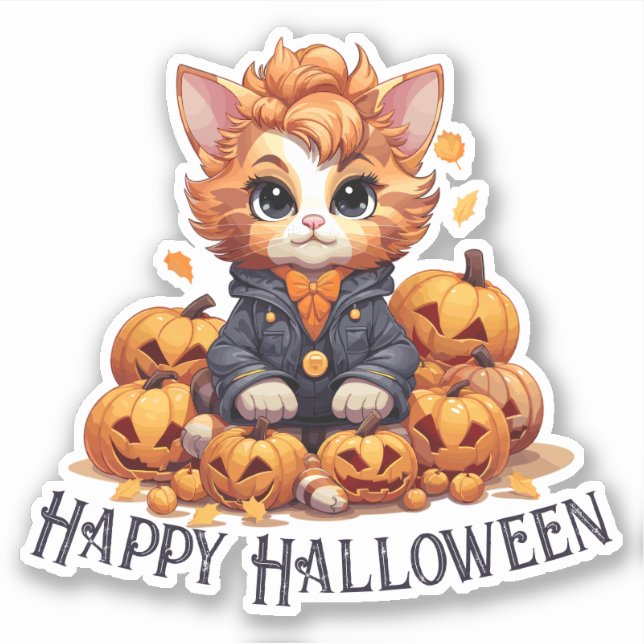 Pegatina Gato Jack-O-Lantern - "Halloween feliz" (Anverso)