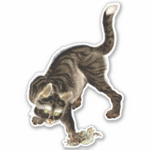 Pegatina Gato japonés atrapando una rana