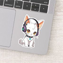Pegatina Gato Kawaii adorable en auriculares