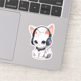 Pegatina Gato Kawaii con Auriculares de Moda
