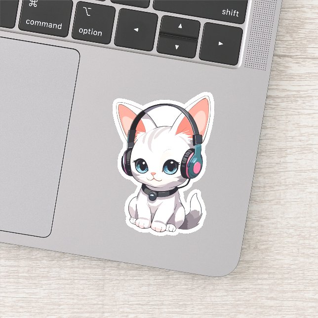 Pegatina Gato Kawaii con Auriculares de Moda (Detalle)