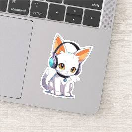 Pegatina Gato Kawaii con Auriculares Elegantes