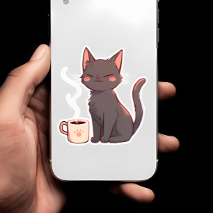 Pegatina Gato Kawaii con Copa de Café