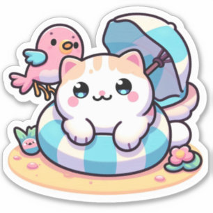 Pegatina Gato kawaii lindo en la playa