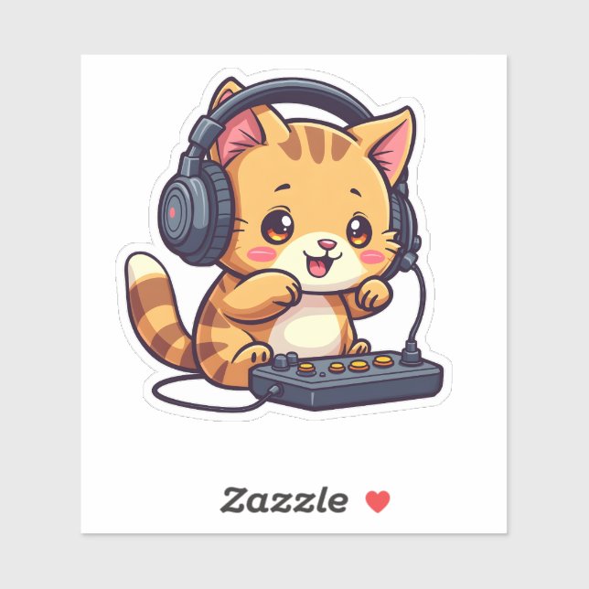Pegatina Gato kawaii lindo jugando videojuegos - Apreciable (Hoja)