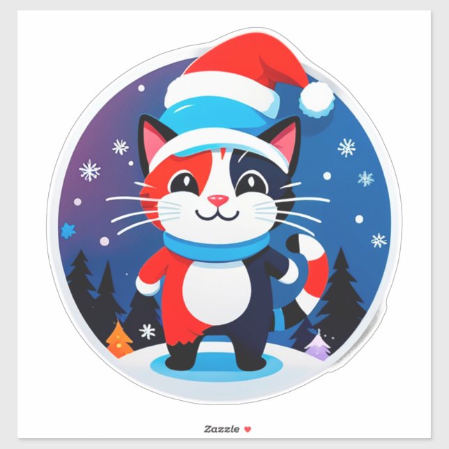 Pegatina Gato Lindo con Sombrero de Santa (Hoja)