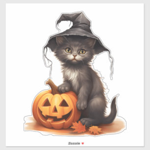 Pegatina Gato lindo de Halloween con calabaza y hojas de ot
