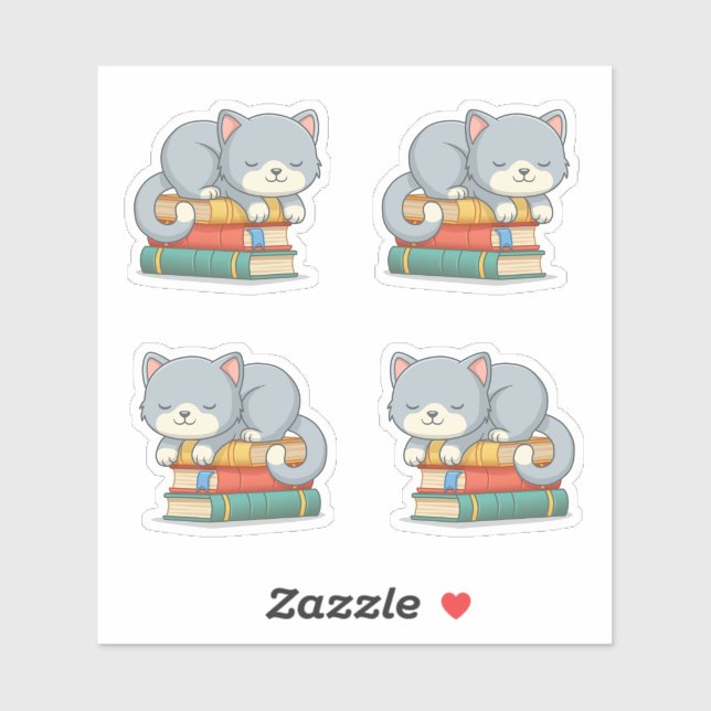 Pegatina Gato lindo encima de una pila de libros, conjunto  (Hoja)