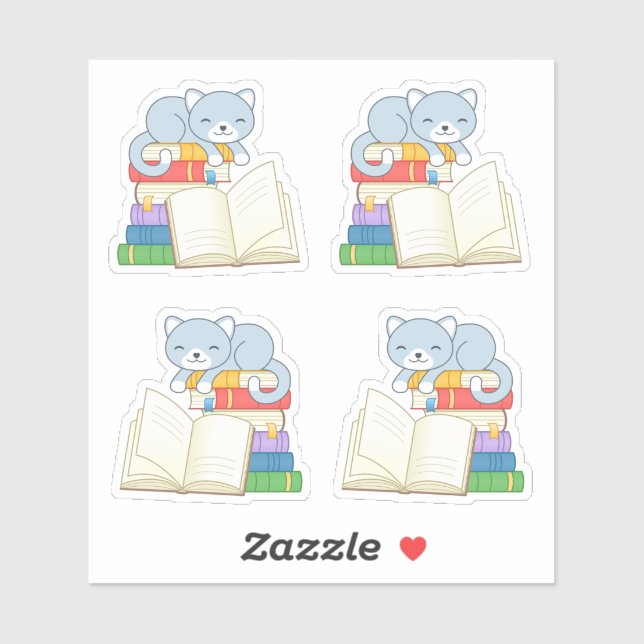 Pegatina Gato lindo encima de una pila de libros, conjunto  (Hoja)